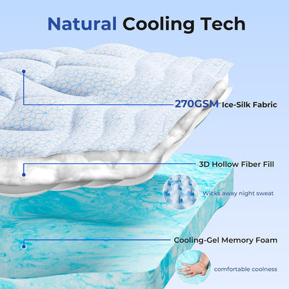 Dual Layer 4 Inch Cooling Memory Foam Mattress Topper Twin Size, 2 Inch Thick Soft Quilted Ice Silk Pillow Top Cover plus 2 Inch Gel Memory Foam Mattress Pad for Back Pain Relief