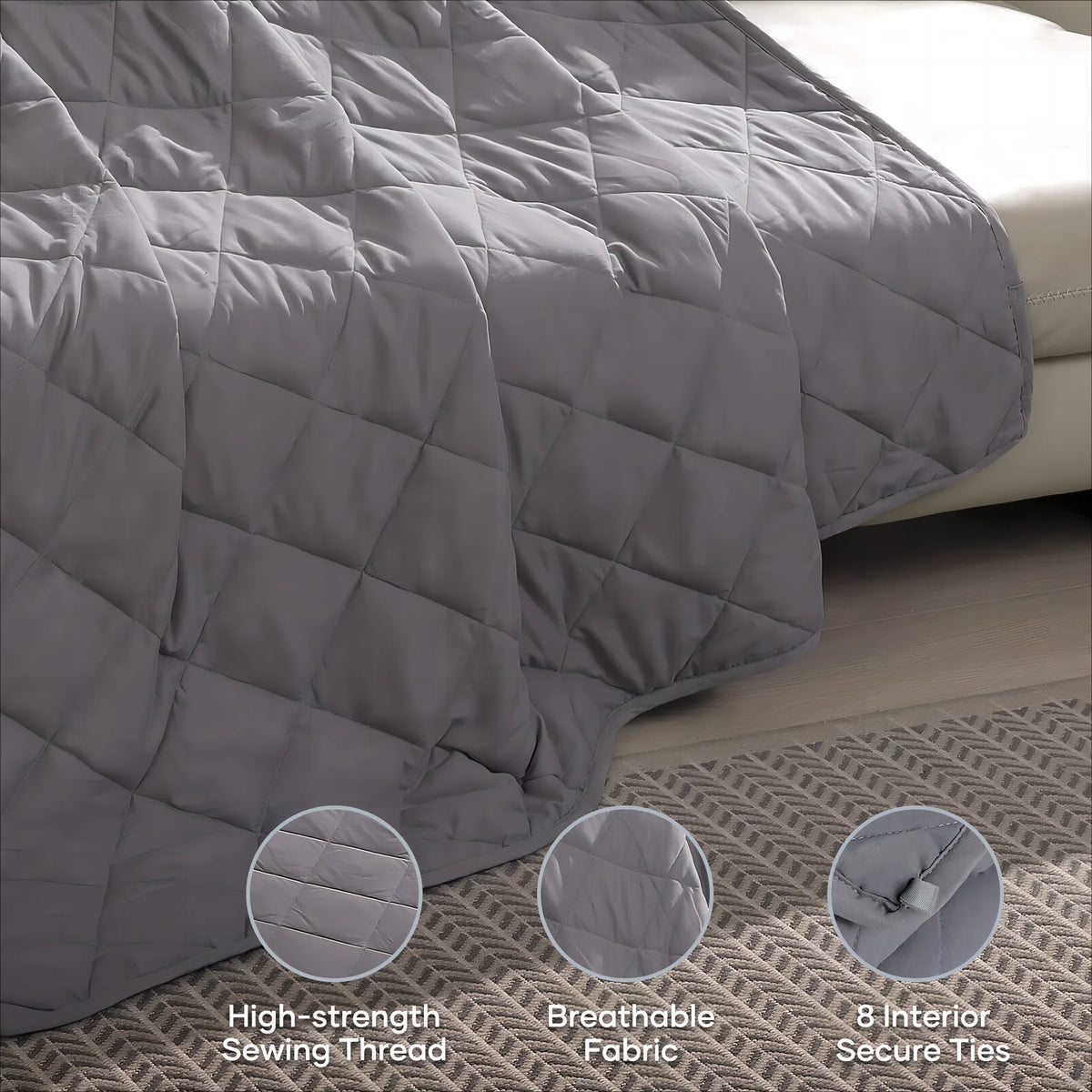 Weighted Blanket Twin Size 48" X 72" 15 Lbs with Nontoxic Glass Beads, Microfiber Material, Thick Comfort for Deeper Sleep, Gray