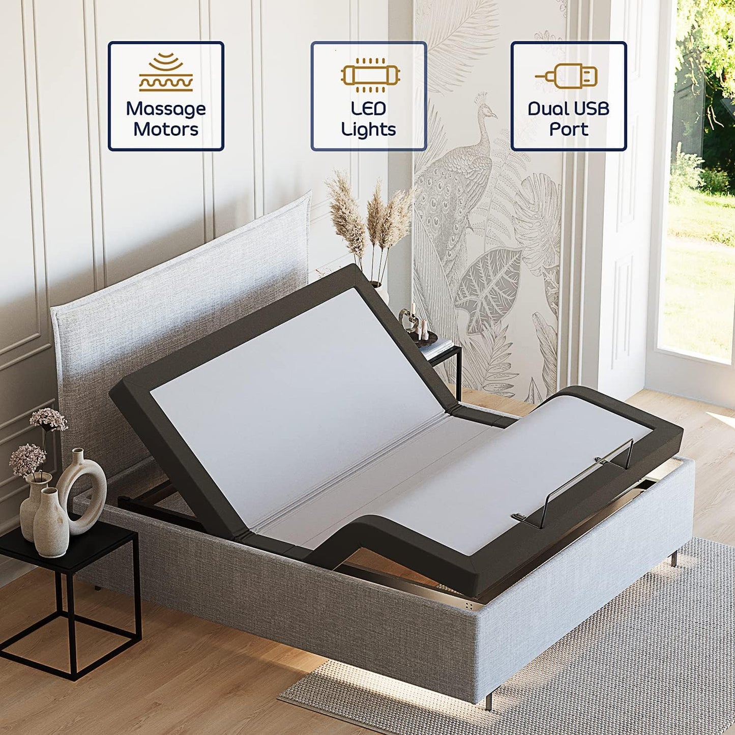 Adjustable Bed Frame, Zero Clearance Adjustable Massage Bed Frame with Wireless Remote, Adjustable Bed Base Head & Foot Massage, Fast & Easy Assembly, USB Ports, LED Light, King Size Bed Frame