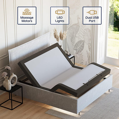 Adjustable Bed Frame, Zero Clearance Adjustable Massage Bed Frame with Wireless Remote, Adjustable Bed Base Head & Foot Massage, Fast & Easy Assembly, USB Ports, LED Light, King Size Bed Frame