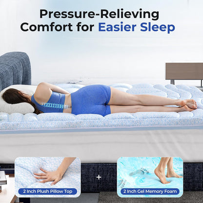 Dual Layer 4 Inch Cooling Memory Foam Mattress Topper Twin Size, 2 Inch Thick Soft Quilted Ice Silk Pillow Top Cover plus 2 Inch Gel Memory Foam Mattress Pad for Back Pain Relief